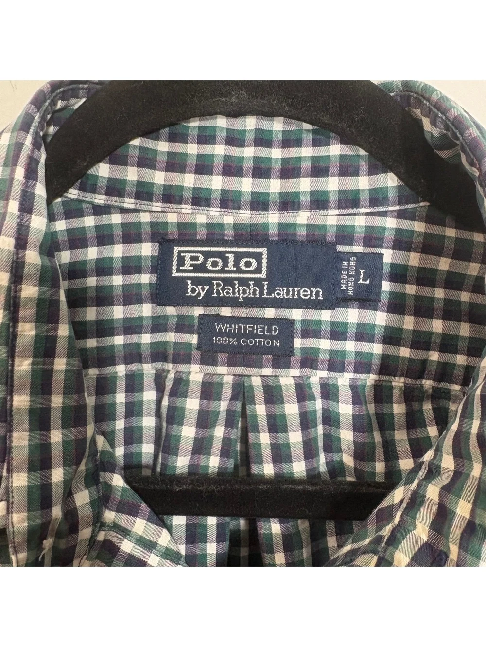 VTG Polo Ralph Lauren Whitfield Cotton Plaid Shirt Green, Navy & White - Large